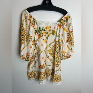 Artelier Floral Lace Trim Mini Dress Linen Novelty Print Colorful Size L yellow
